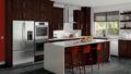 A kitchen with dark wood cabinets, stainless steel appliances, and red chairs.
